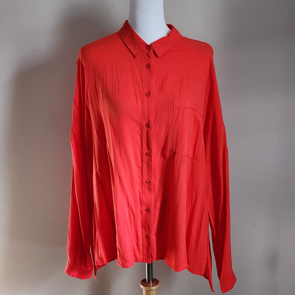 NEW Addition Elle Button Down Blouse Womens 14 Orange Long Sleeve Drape Flowy
